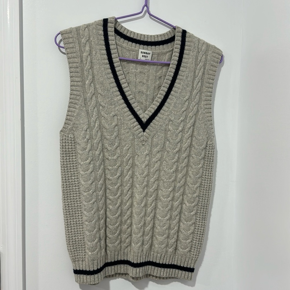 Sunday Best Grey Textured V Neck Braid Knit Long Sweater Vest